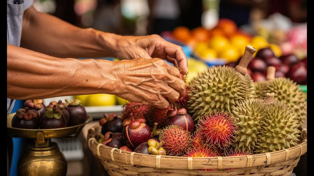 Étalage coloré de fruits tropicaux lors du festival de Rayong
