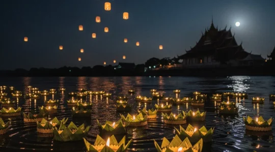 Célébration nocturne de Loy Krathong avec lanternes flottantes sur l'eau et lanternes célestes dans le ciel