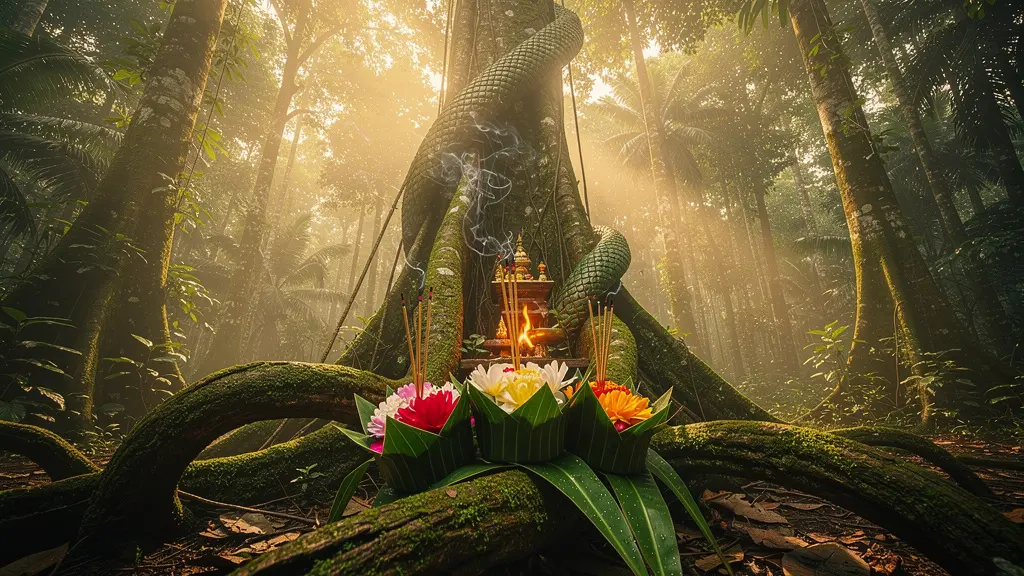Forêt mystique de Kham Chanot avec offrandes aux esprits Nagas