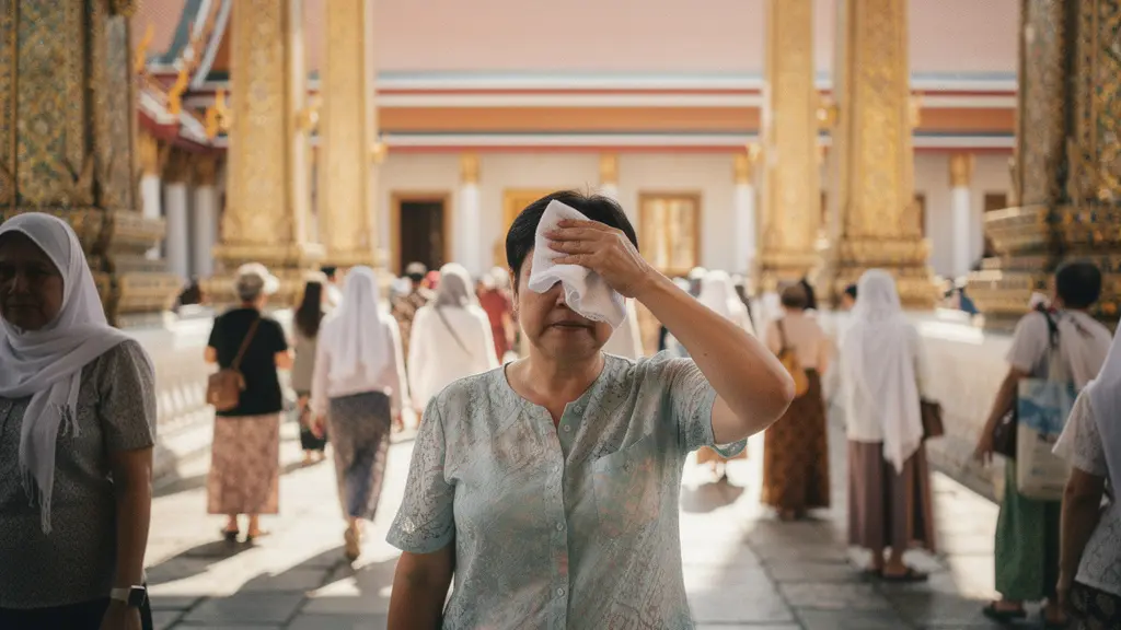 Scène de foule en tenue respectueuse dans la cour du Grand Palais, avec chaleur visible et reflets dorés écrasants sous le soleil.