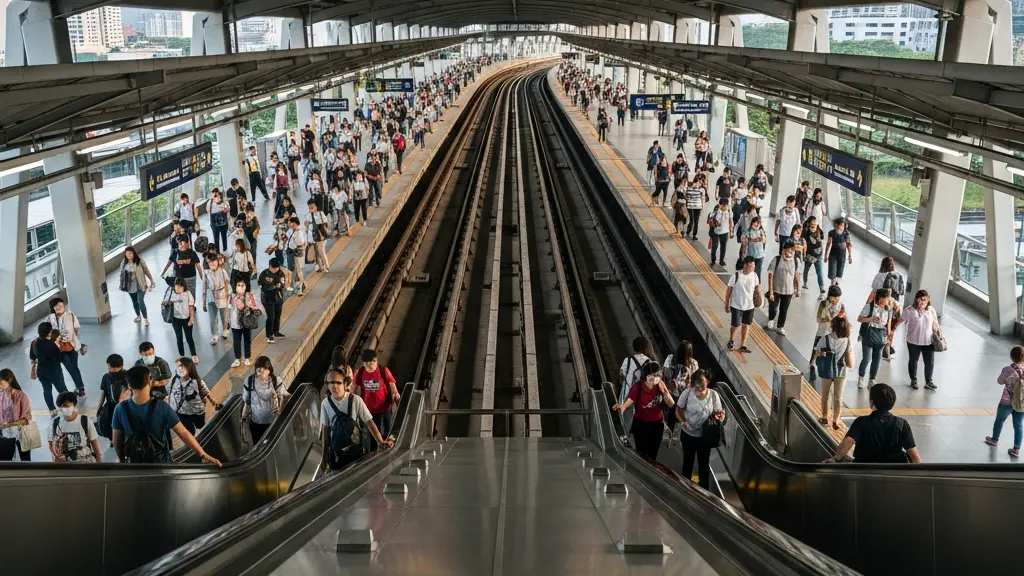 Foule dense de passagers se croisant dans une station de métro aérien surélevée à Bangkok, vue en plongée depuis les escalators
