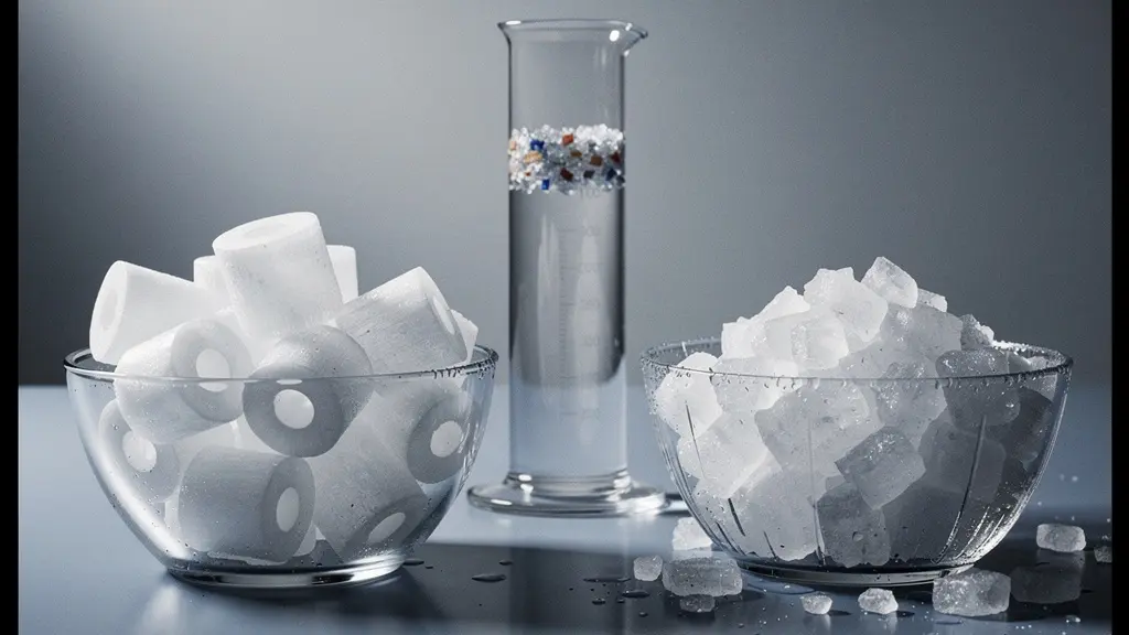 Composition d'objets montrant la différence entre glaçons industriels cylindriques avec trou central et glace pilée, sans aucun texte visible.