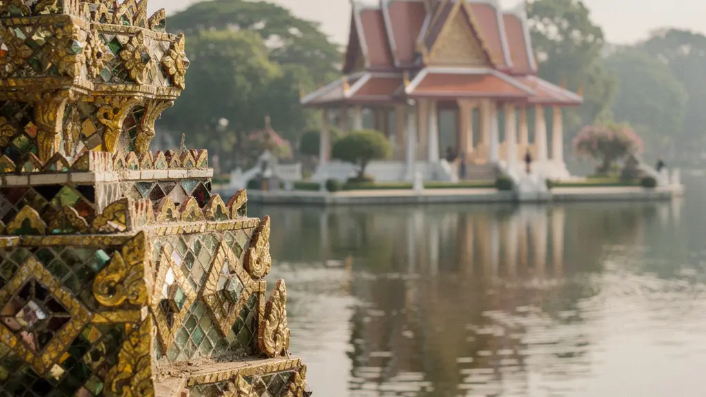 Vue panoramique contrastant l’or et les mosaïques du Grand Palais de Bangkok avec un pavillon sur l’eau à Bang Pa-In, suggérant deux visages de la monarchie thaïlandaise.