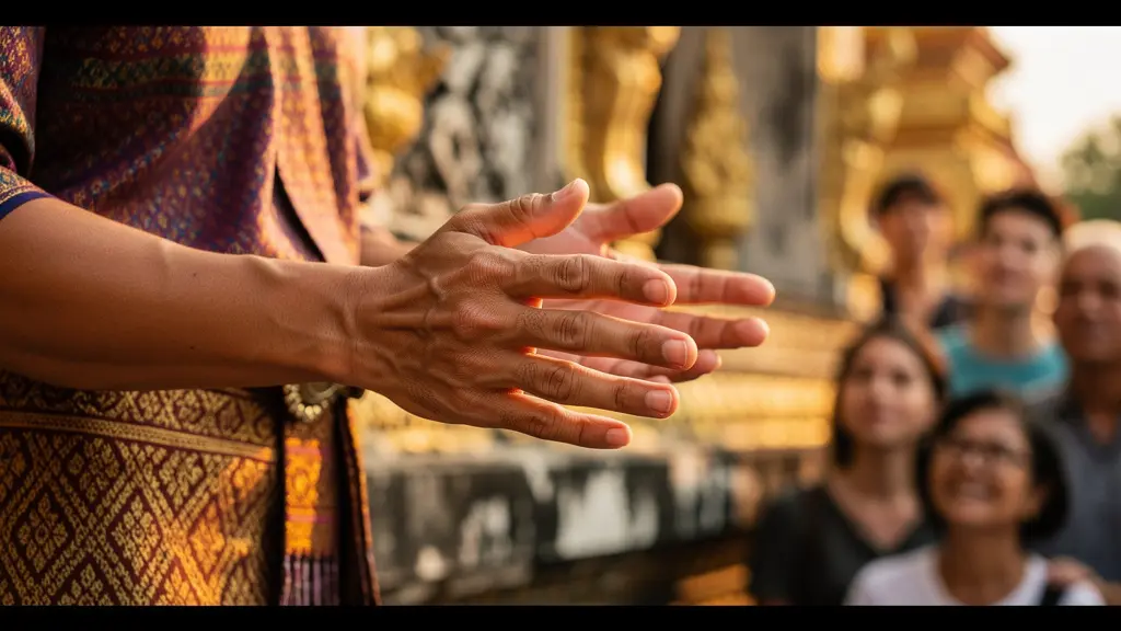 Guide thaïlandais expliquant les détails architecturaux d'un temple bouddhiste à des visiteurs