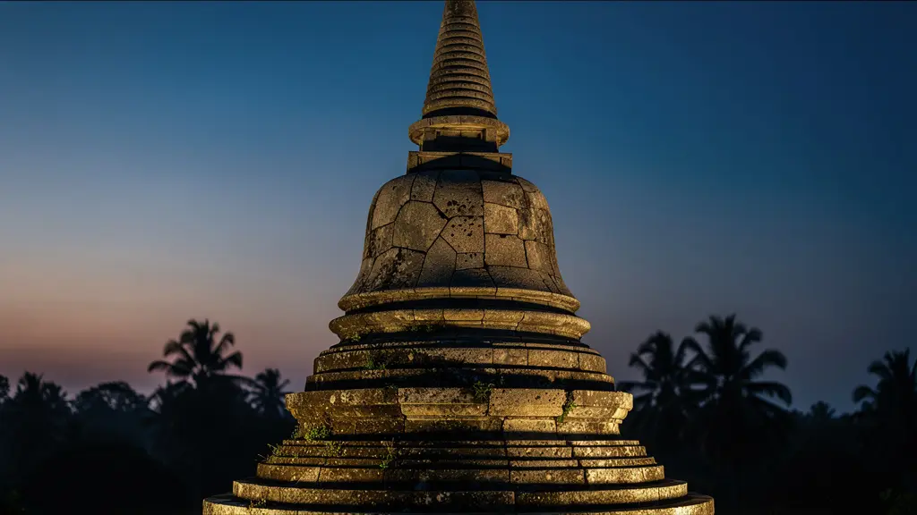 Stupa thaïlandais illuminé par la lumière bleue diffuse de l'aube avec détails de pierre visibles