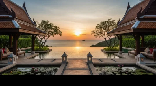 Vue panoramique d'un hôtel 5 étoiles en Thaïlande avec piscine à débordement donnant sur la mer