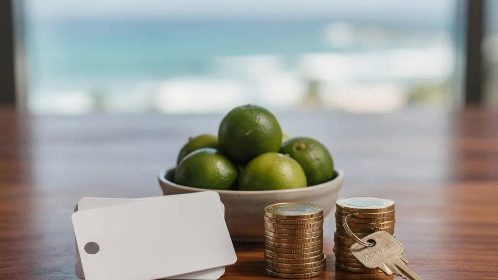 Deux ensembles d’objets symbolisant un hôtel et une villa, avec des pièces thaïlandaises et des clés, sur une table en bois près d’une fenêtre donnant sur la mer.