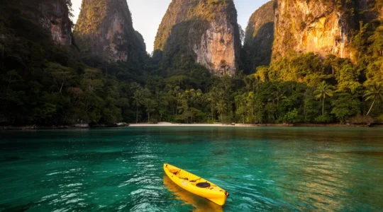 Vue aérienne d'un kayak jaune solitaire glissant sur les eaux turquoise cristallines de Krabi, avec des falaises karstiques calcaires majestueuses en arrière-plan et une forêt tropicale luxuriante