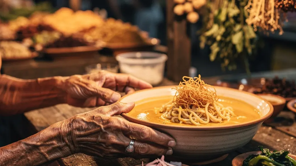 Bol de Khao Soi fumant avec nouilles croustillantes dorées, curry au lait de coco et condiments d'accompagnement disposés dans une lumière naturelle de marché thaïlandais