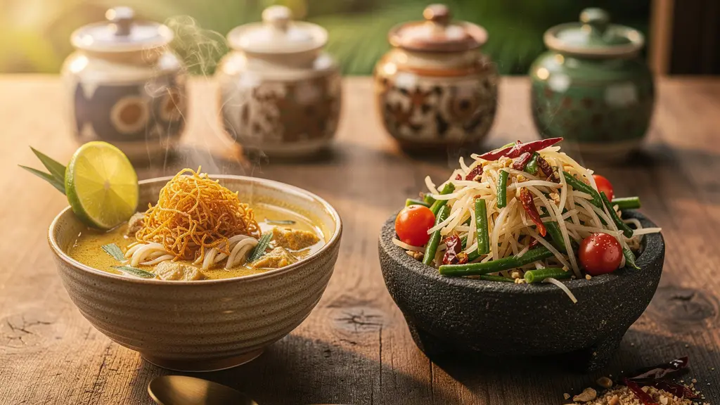 Deux bols de plats thaïlandais régionaux disposés côte à côte sur une table en bois rustique, vapeur s'élevant du curry doré, avec des condiments traditionnels en arrière-plan