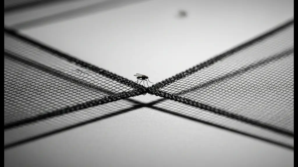 Gros plan d’un maillage de moustiquaire très fin, montrant la différence entre un filet standard et un filet plus serré pour bloquer les insectes minuscules.