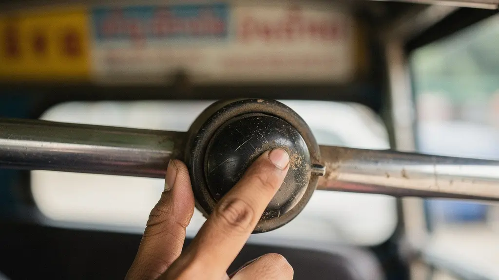 Gros plan d’une main appuyant sur une sonnette d’arrêt usée à l’intérieur d’un songthaew, avec arrière-plan flou et sans aucun texte lisible.