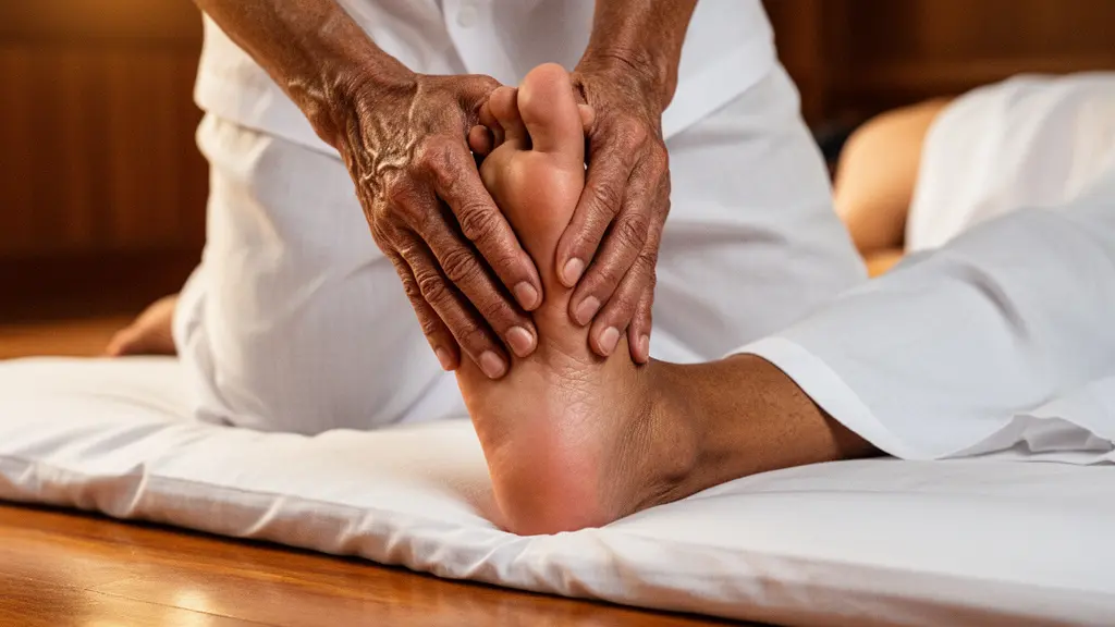 Mains expertes d'un praticien de massage thaï appliquant une pression sur la plante du pied d'un patient allongé sur un futon traditionnel
