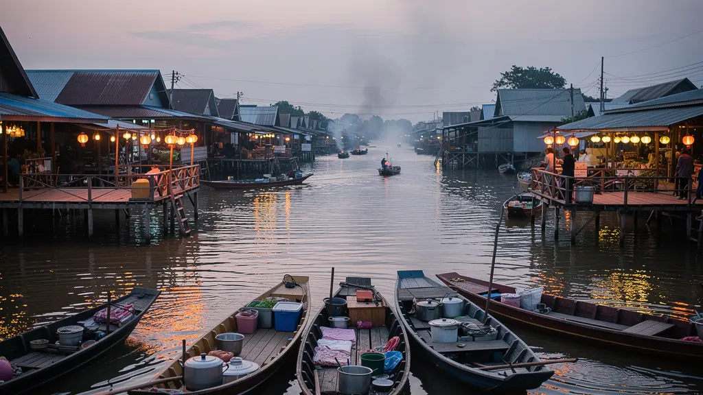 Vue large et minimaliste d'un marché flottant au crépuscule avec barques de nourriture et reflets sur l'eau, sans texte visible.