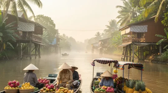 Barques colorées chargées de fruits tropicaux et vendeuses en chapeaux coniques sur un canal thaïlandais