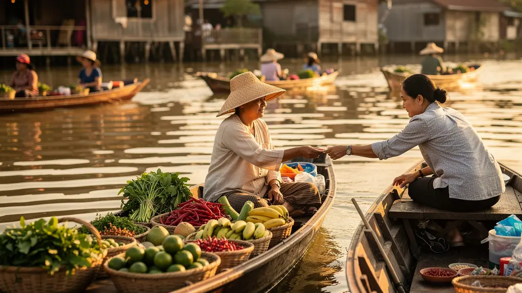 Transaction respectueuse sur un marché flottant traditionnel thaïlandais