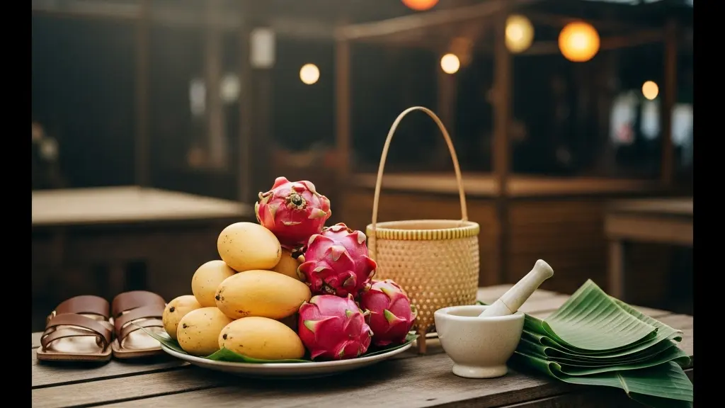 Étal de marché local à Bangkok avec fruits tropicaux colorés et ustensiles traditionnels, symbole de l'immersion quotidienne du voyageur lent
