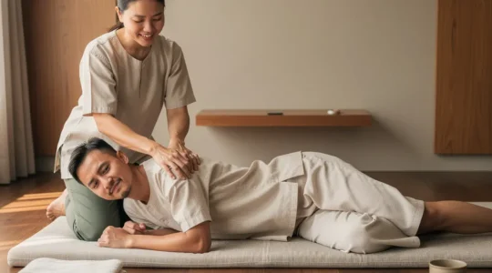 Dans un salon de massage thaï sobre, un voyageur reçoit une pression profonde à l’épaule, avec un espace vide sur le côté pour un titre.