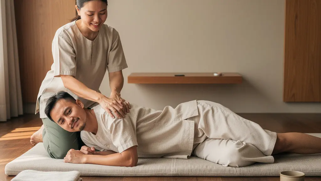 Dans un salon de massage thaï sobre, un voyageur reçoit une pression profonde à l’épaule, avec un espace vide sur le côté pour un titre.