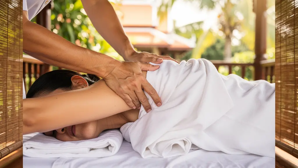 Thérapeute pratiquant un massage thaï traditionnel dans une sala en bois ouverte sur jardin tropical