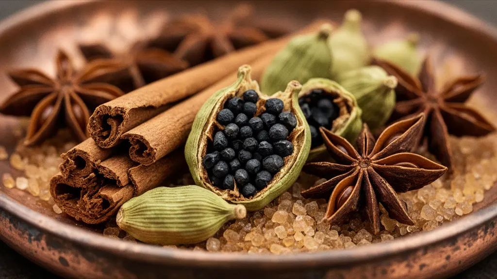 Arrangement d'épices pour curry Massaman avec bâtons de cannelle et gousses de cardamome