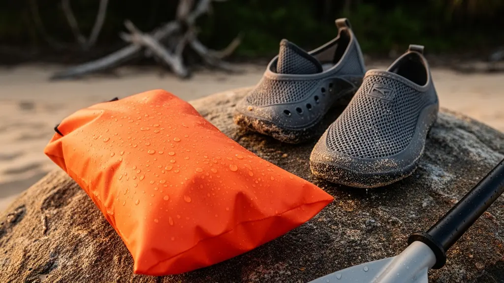 Équipement de transition posé sur un rocher entre plage et forêt : sac étanche orange, chaussures amphibies et pagaie de kayak