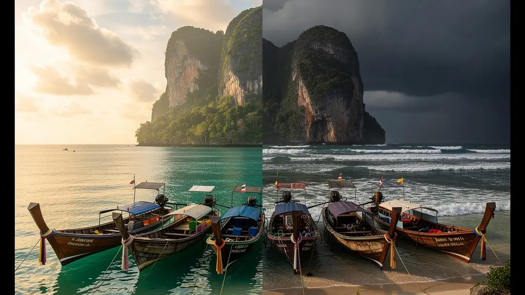 Baie abritée sur la côte est de Koh Lanta avec mer calme malgré la saison des pluies