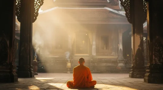 Moine bouddhiste méditant dans un temple au lever du soleil