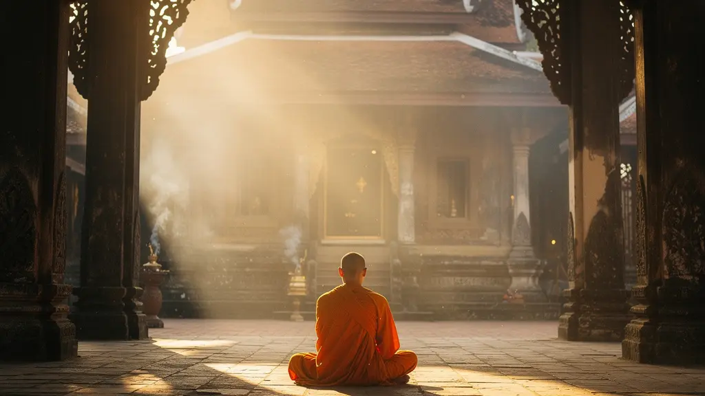 Moine bouddhiste méditant dans un temple au lever du soleil