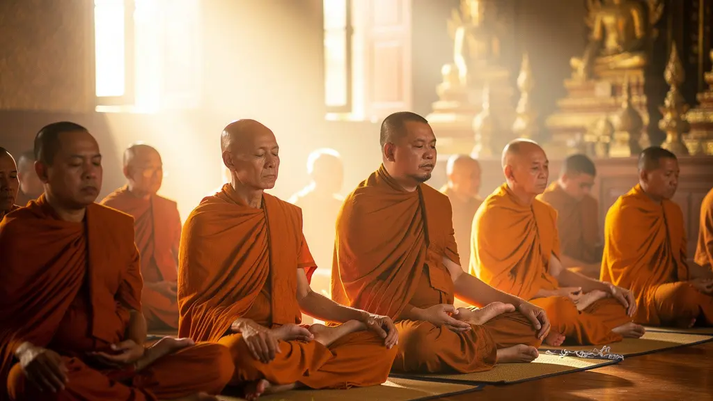Moines bouddhistes en méditation collective lors des chants matinaux dans un temple thaïlandais