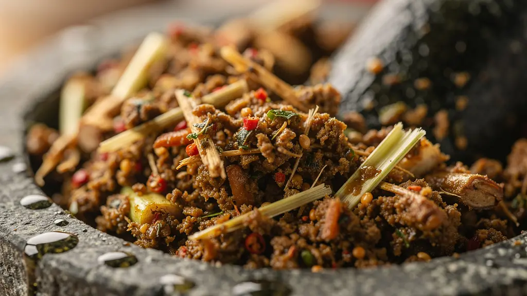 Gros plan macro sur mortier en pierre avec pâte de curry thaï fraîchement pilée montrant la texture granulaire