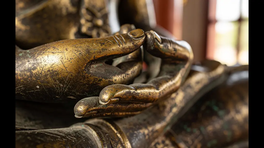 Gros plan sur les mains d'une statue de Bouddha en position de méditation Dhyana mudra