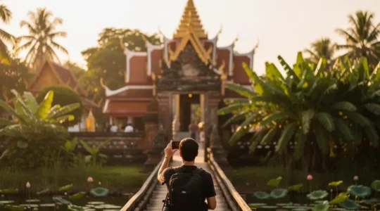 Voyageur consultant une carte numérique sur smartphone devant un temple thaïlandais traditionnel