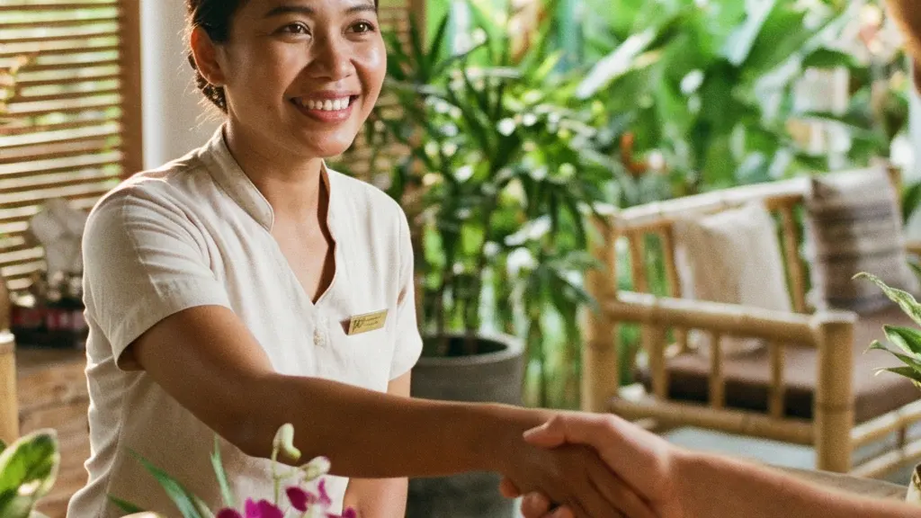 Main d'un voyageur tendant des billets à un réceptionniste dans un petit hôtel tropical d'Asie du Sud-Est, illustrant la réservation en direct