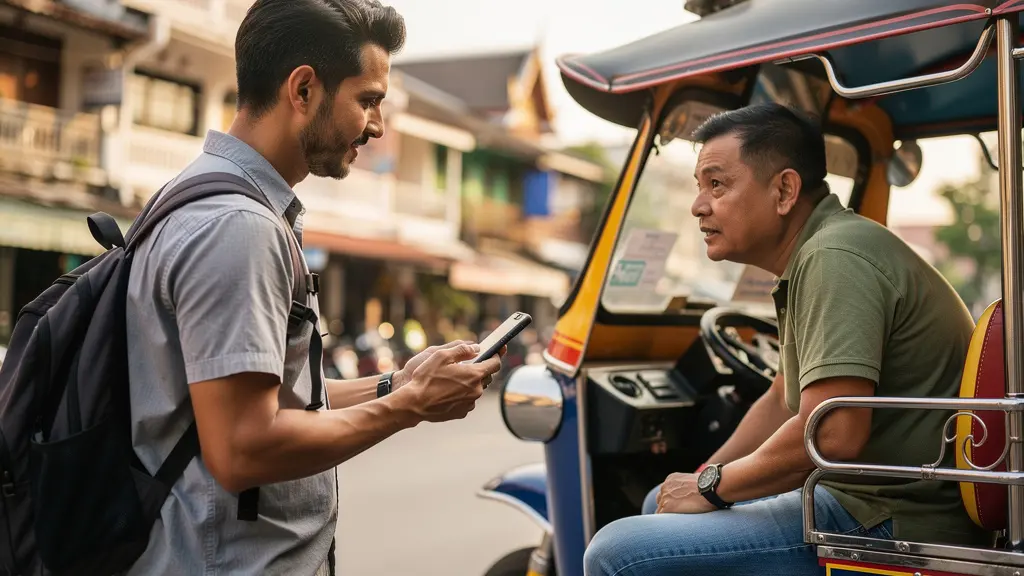 Touriste confiante négociant avec un chauffeur de tuk-tuk, montrant son téléphone avec les horaires