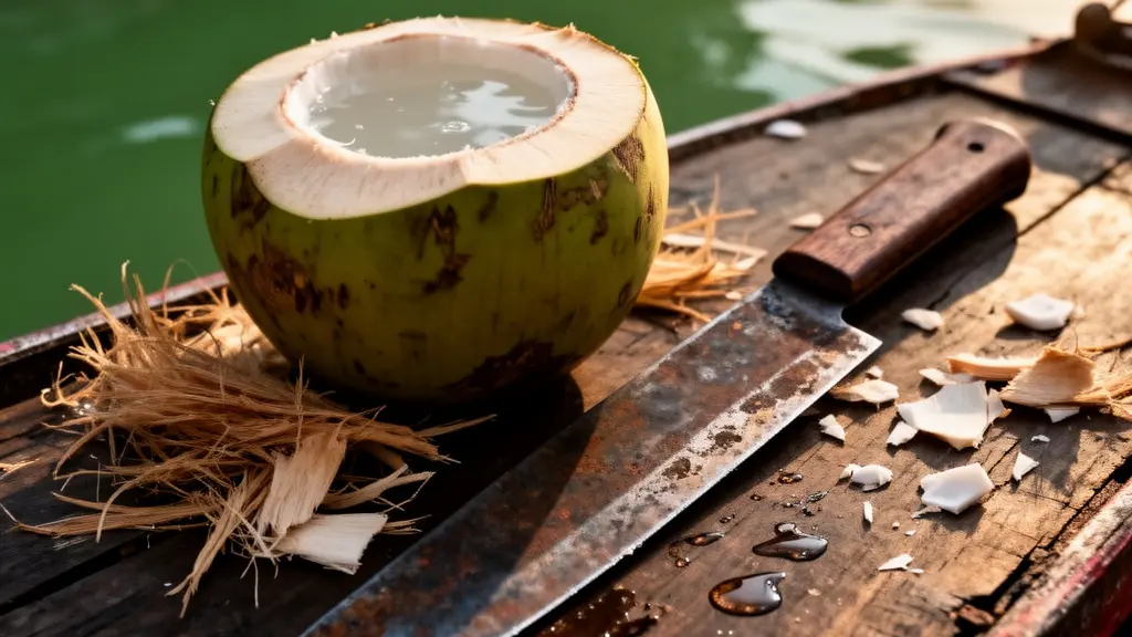 Noix de coco fraîchement ouverte posée sur le bord en bois d'une barque traditionnelle thaïlandaise, avec des gouttelettes d'eau de coco visibles, symbolisant le travail artisanal derrière chaque produit vendu sur les marchés flottants