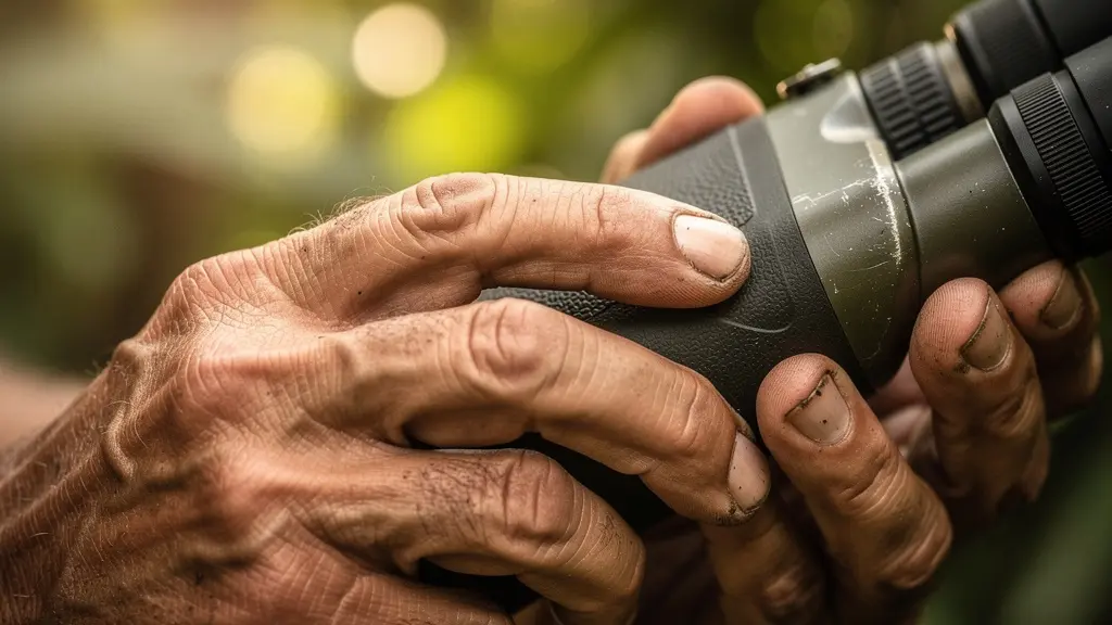 Main tenant des jumelles professionnelles pointées vers la canopée tropicale