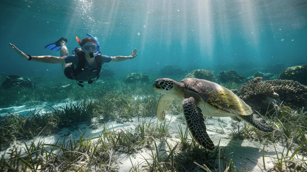 Plongeur en apnée flottant immobile au-dessus d'une tortue marine dans des eaux cristallines