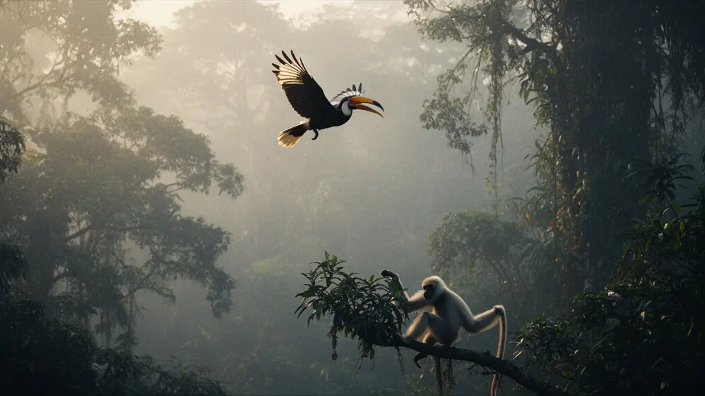 Un calao en vol et un gibbon dans la canopée au lever du jour, dans une forêt tropicale brumeuse avec un espace vide pour le titre.