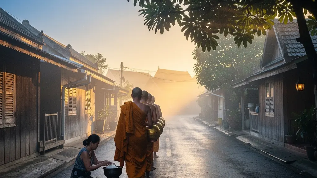 File de moines bouddhistes en robe safran marchant pieds nus à l'aube dans une rue thaïlandaise, recevant les offrandes de riz des fidèles agenouillés