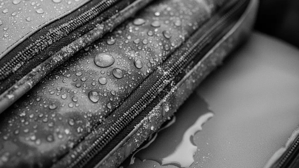 Gros plan sur un sac de voyage ouvert avec des pochettes de rangement etanches et des gouttes d’eau sur un tissu hydrofuge, sans aucun texte visible.
