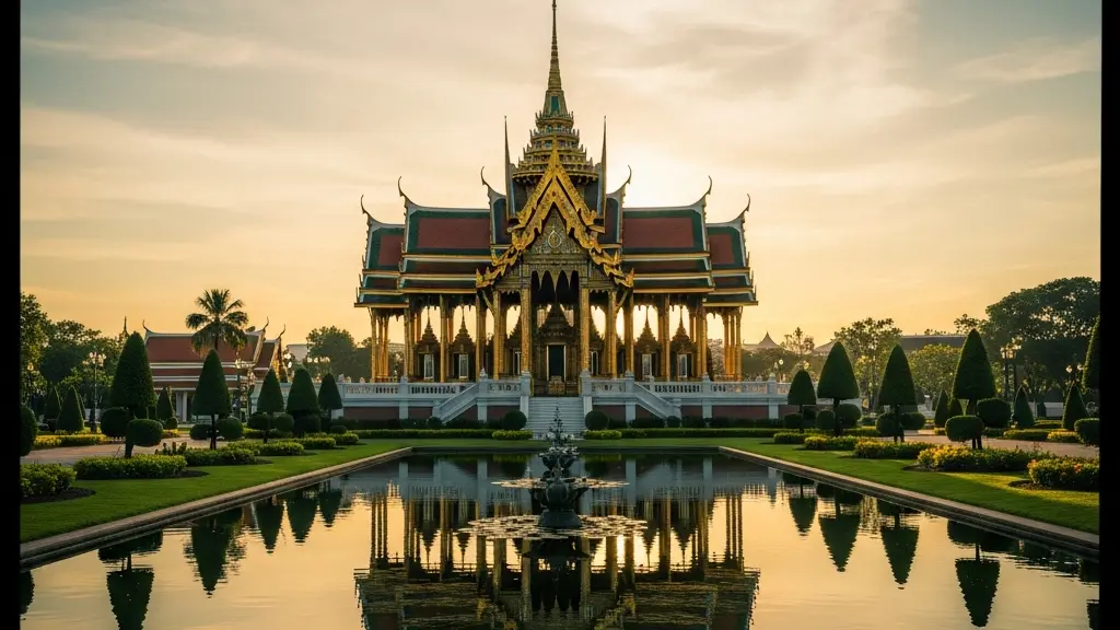 Vue large d'un palais royal thaïlandais mêlant colonnes néo-gothiques et toitures traditionnelles au bord d'un plan d'eau paisible