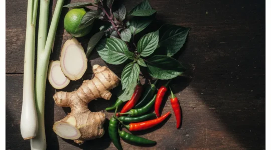 Composition équilibrée d'ingrédients thaïlandais avec galanga, citronnelle et piments disposés harmonieusement