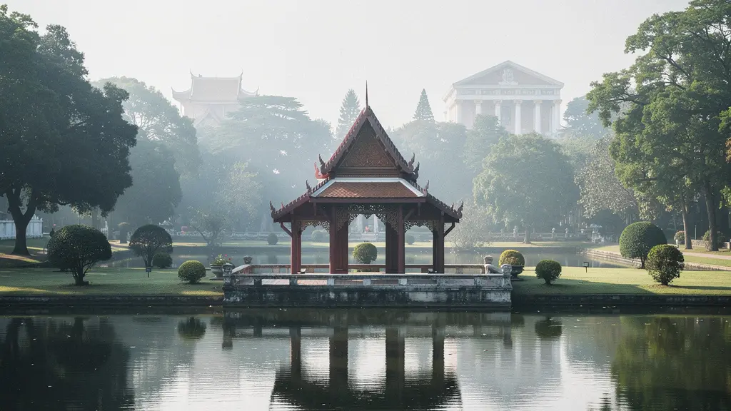 Plan large d’un pavillon thaï sur un étang à Bang Pa-In, entouré de jardins sobres et de bâtiments d’influences étrangères en arrière-plan flou.