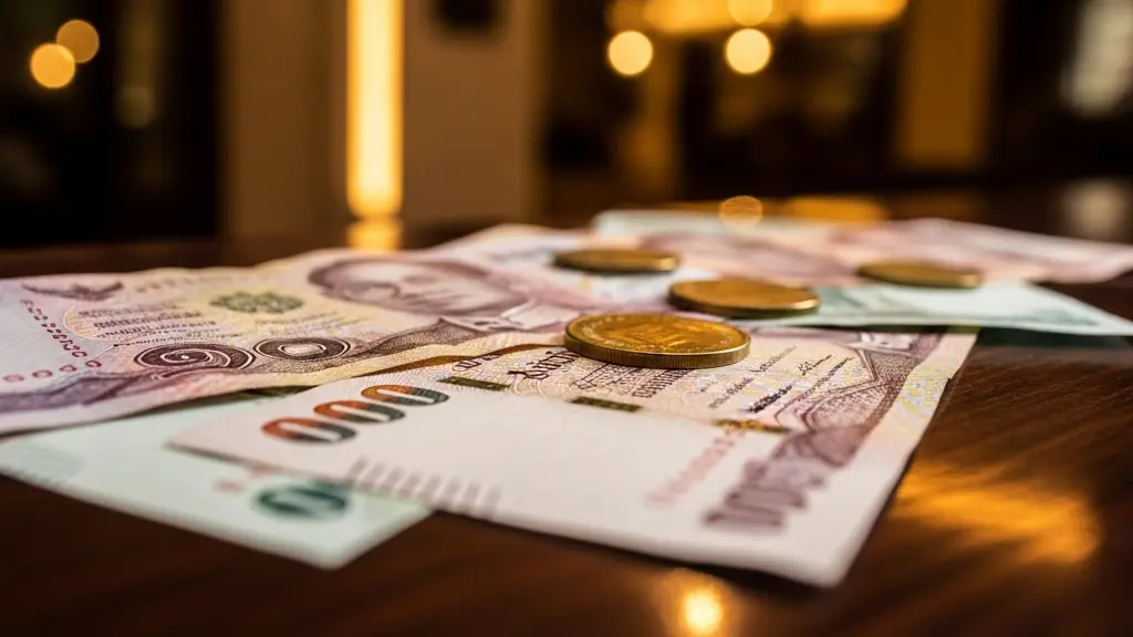 Gros plan sur des billets de monnaie thaïlandaise et des pièces étalés sur un comptoir en bois, illustrant les frais cachés lors d'une réservation hôtelière