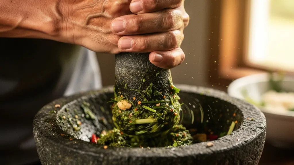 Mains pilant des épices dans un mortier en pierre pour préparer une pâte de curry