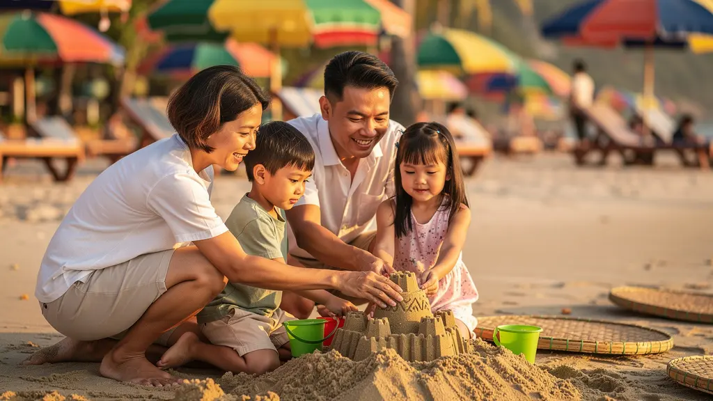 Famille thaïlandaise profitant d'une plage calme à Hua Hin au coucher du soleil