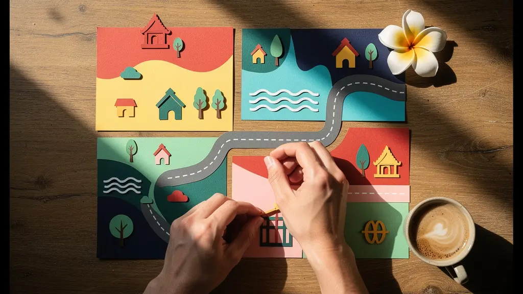 Vue aérienne d'une table avec des cartes et des itinéraires de voyage organisés par zones de couleurs, symbolisant la planification stratégique.