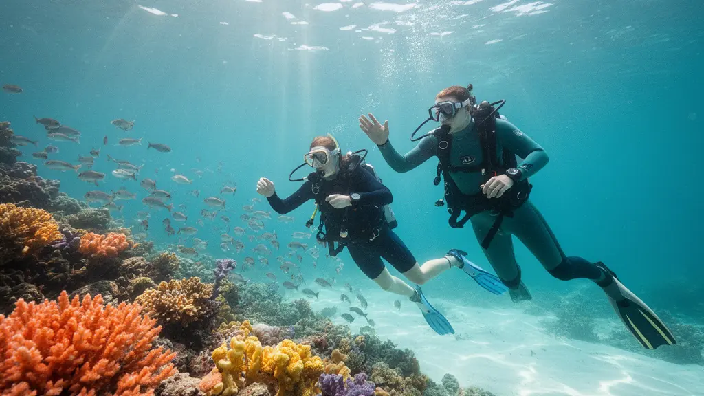 Plongeur débutant explorant un récif corallien tropical aux eaux turquoise, avec un instructeur de plongée à ses côtés dans les eaux limpides de Koh Tao