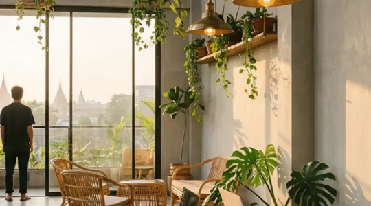 Espace commun lumineux d'une auberge de jeunesse design à Bangkok avec mobilier contemporain et plantes tropicales